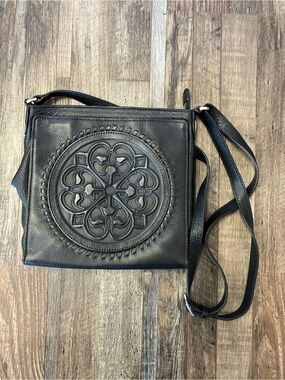 Brighton Ferrara City Organizer Black Leather Crossbody Embossed Medallion Purse